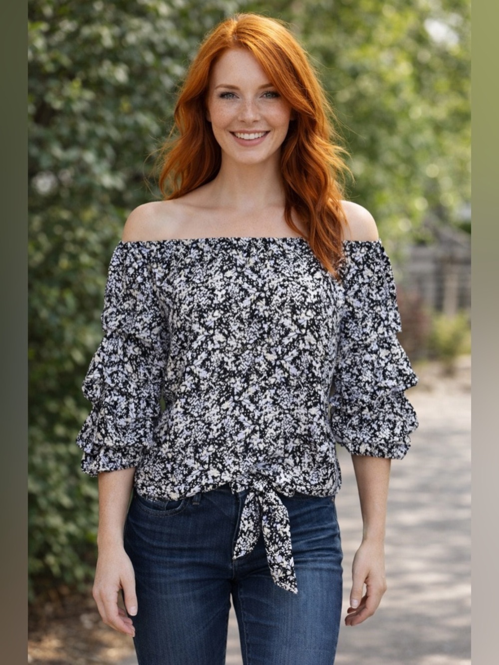 CECE - Floral Off-The-Shoulder Lantern Sleeve Blouse with front tie. Medium.
